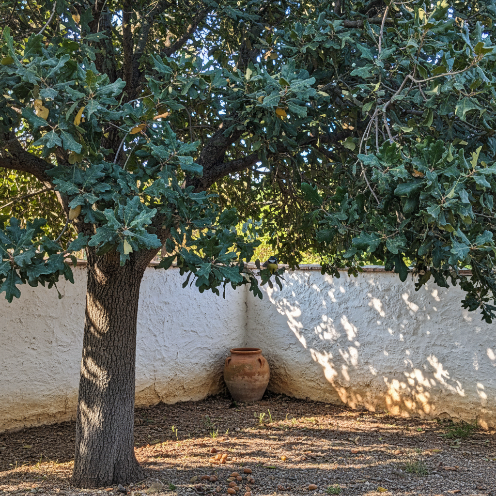 Encina madura en un jardín ibérico con un herrerillo posado en una rama baja.