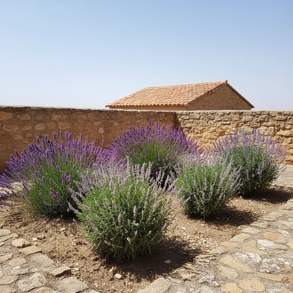 Bordura de espliego y salvia silvestre en flor en un jardín del interior castellano con suelo pedregoso.