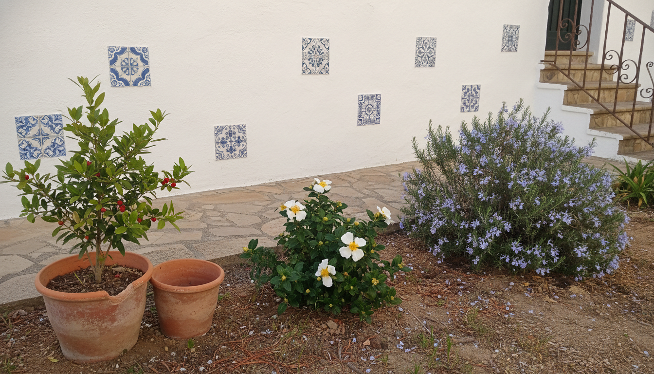 Arriate mediterráneo con jara, romero y un madroño joven junto a un muro encalado en un jardín español.