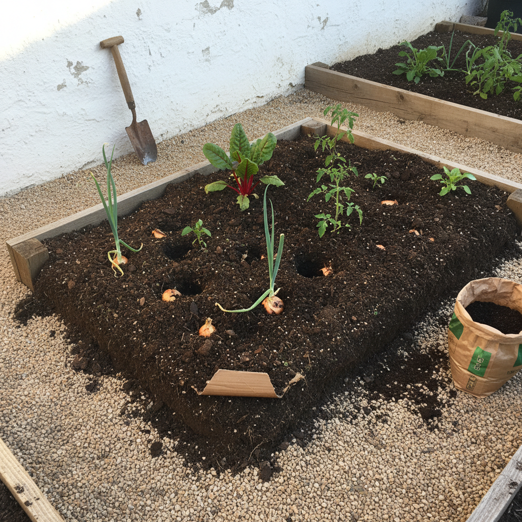Bancal sin laboreo hundido cinco centímetros con un borde de cartón asomando bajo el compost