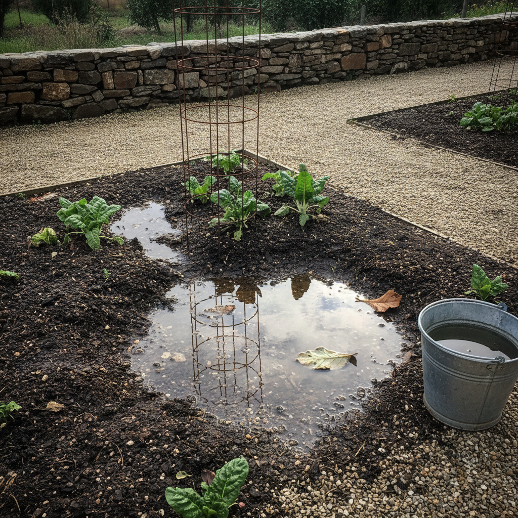 Bancal sin laboreo encharcado tras una lluvia copiosa con charcos y plantas parcialmente sumergidas