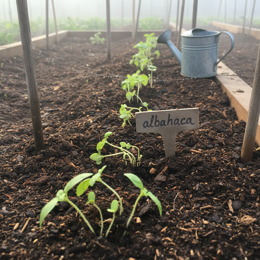 Plántulas de albahaca con damping-off caídas en el cuello sobre un compost húmedo