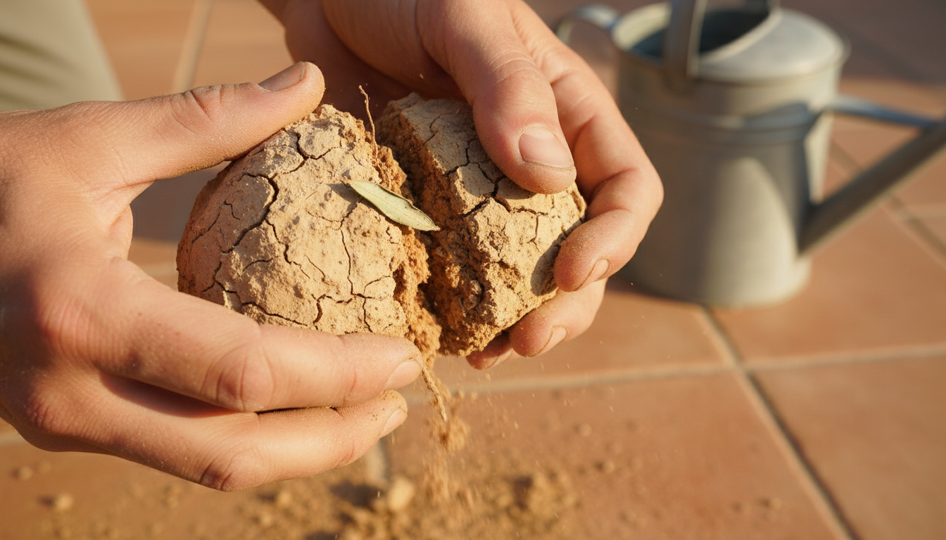 Manos de jardinero examinando suelo seco y agrietado en un huerto mediterráneo español
