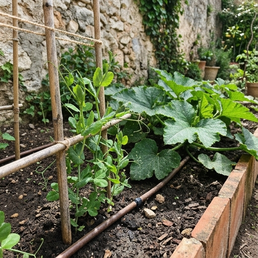 Brotes tiernos de guisante y tallos de calabaza en el huerto, listos para cosechar como verdura de hoja extra.