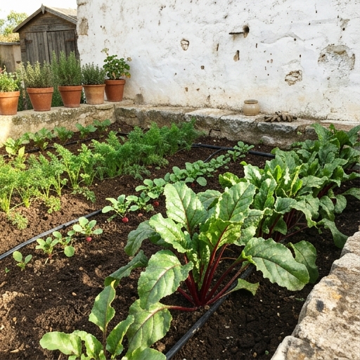 Huerto casero español con remolacha, zanahorias y rábanos en surcos, hojas sanas verdes listas para aprovechar en cocina.