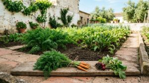 Huerto casero español con zanahorias y remolacha, hojas recién cortadas sobre tabla de madera rústica.