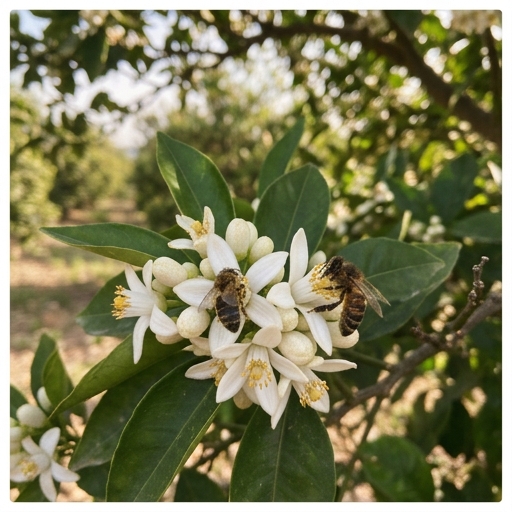 Abejas ibéricas sobre flores de naranjo en rama con hojas verdes, primer plano, luz suave.