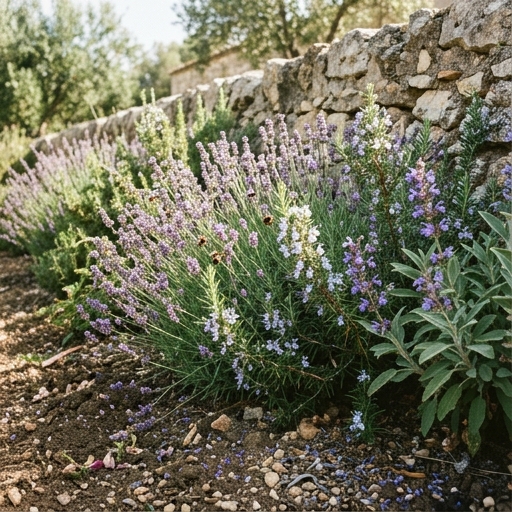 Bancal de lavanda, romero y salvia en flor junto a un muro de piedra en jardín español.