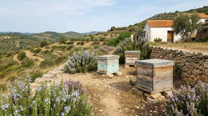 Colmenas de madera en una ladera mediterránea con romero y tomillo en flor bajo sol matinal.