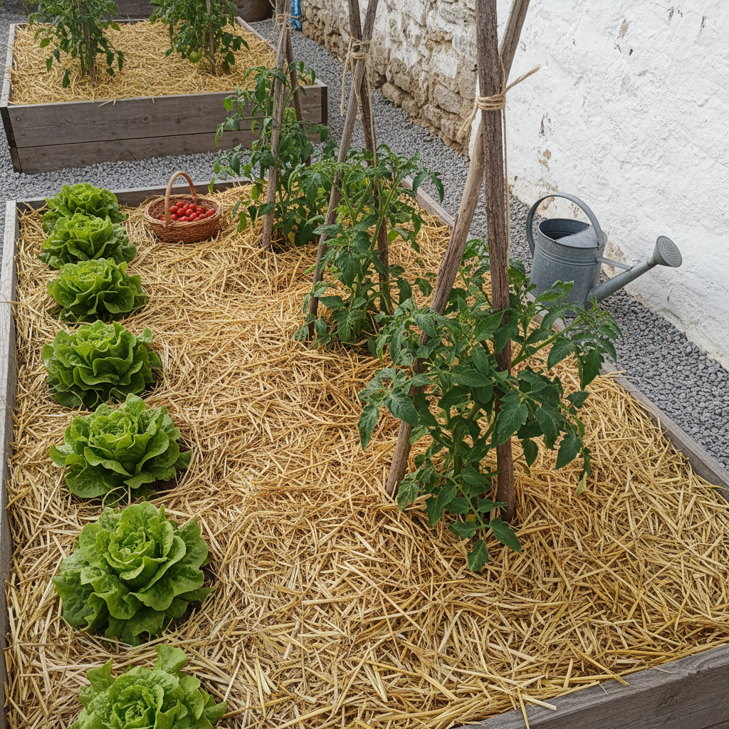 Bancal de huerto español acolchado con paja gruesa entre filas de tomates y lechugas