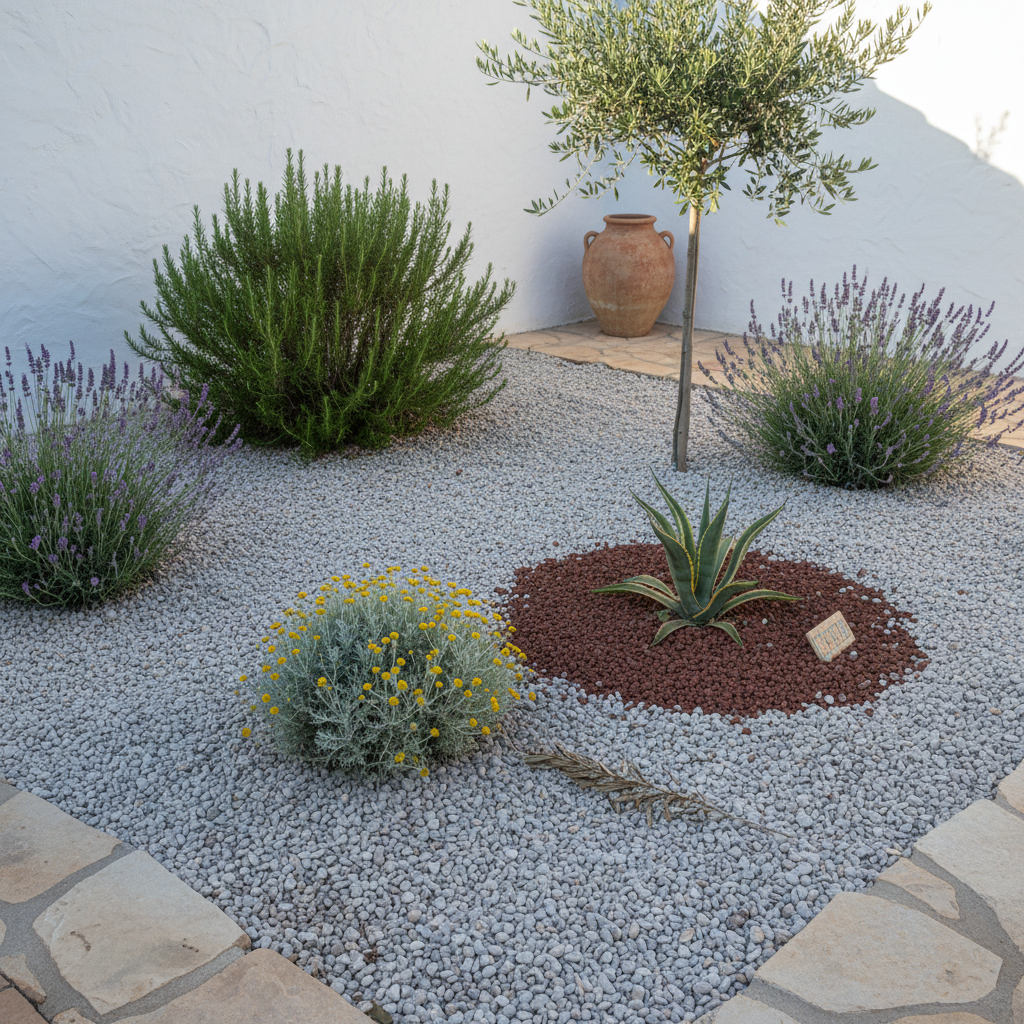 Acolchado mineral de gravilla blanca y picón rojizo alrededor de lavanda y agave en un jardín seco español