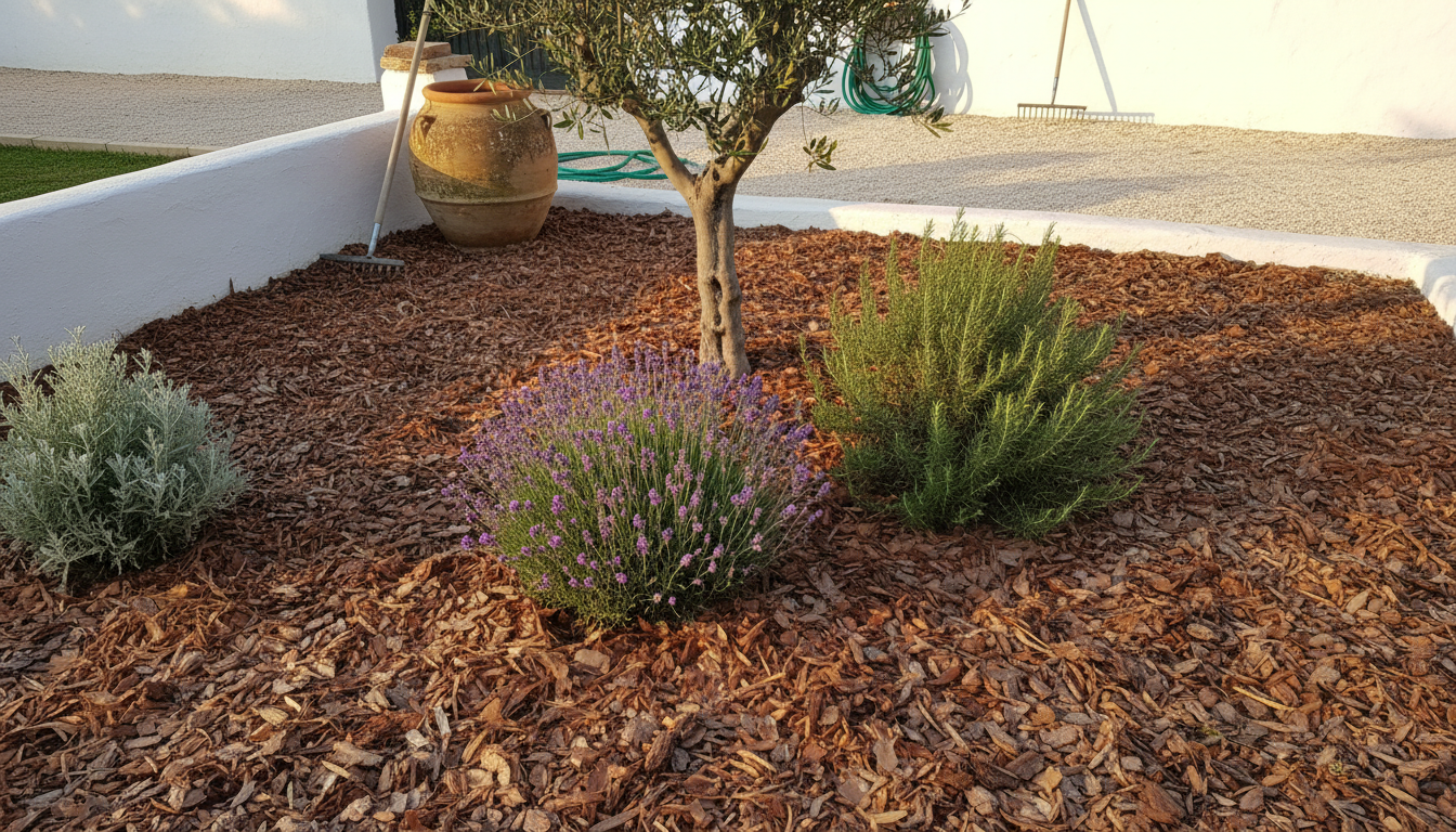 Parterre mediterráneo español con corteza de pino acolchando lavanda, romero y un olivo joven