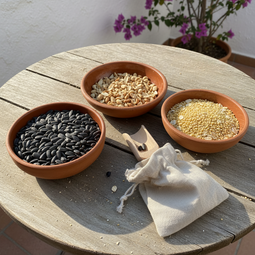 Cuencos de barro con pipas de girasol negras, cacahuetes triturados y mijo sobre una mesa de patio