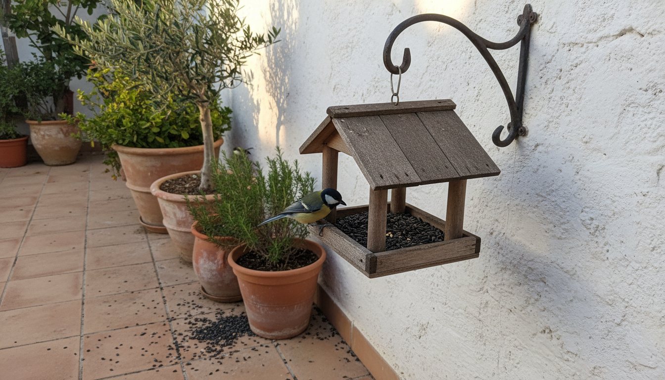Comedero de madera colgado en un patio español con un carbonero comiendo pipas de girasol negras