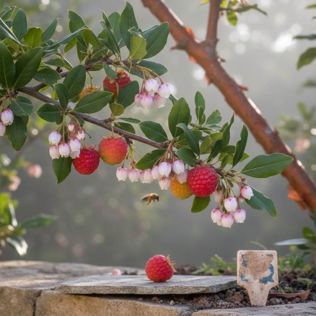 Rama de madroño en otoño con flores blancas acampanadas y frutos rojos rugosos a la vez