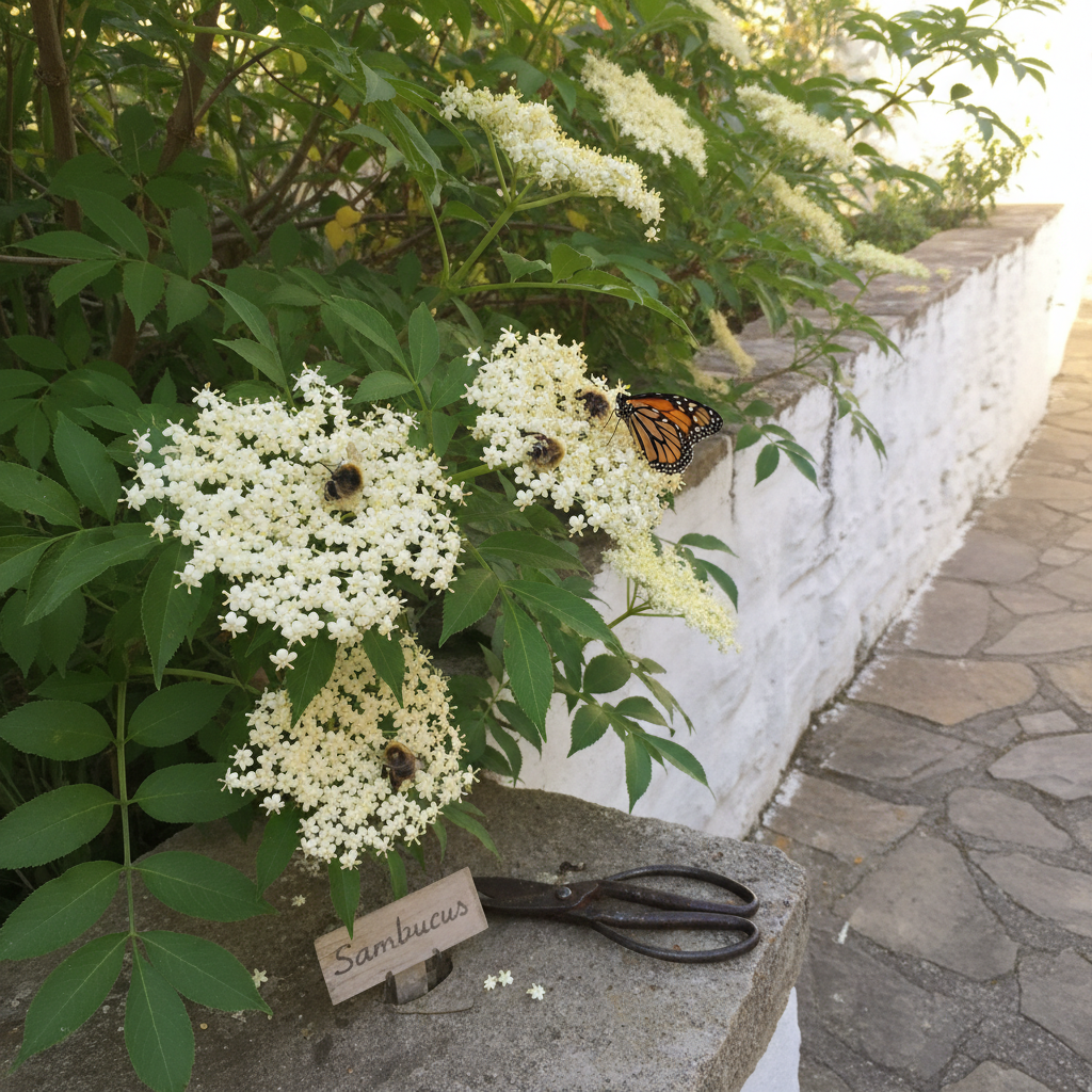 Sambucus nigra en flor en mayo con grandes corimbos blancos y un abejorro entre las flores