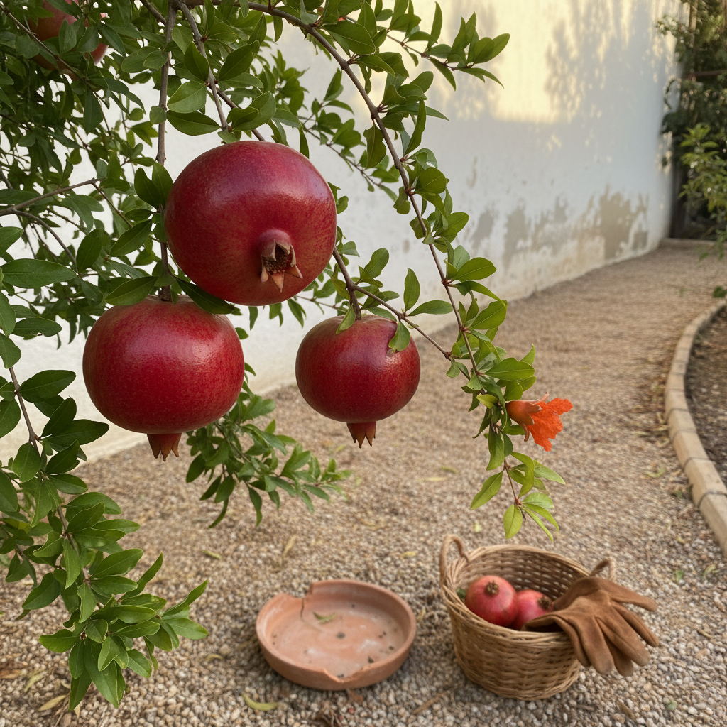 Granado a mediados de octubre cargado de frutos brillantes y alguna última flor escarlata