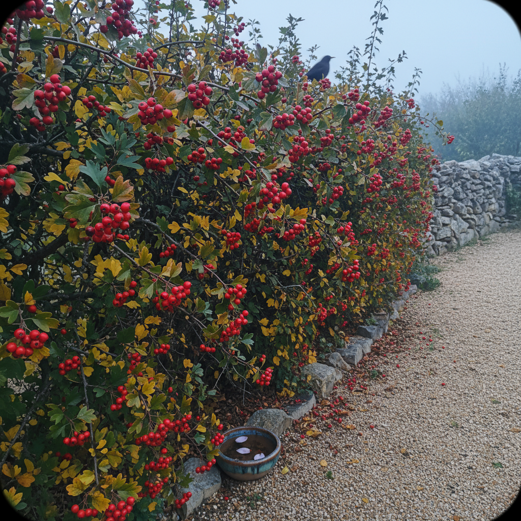 Seto de majuelo en otoño cargado de bayas rojas brillantes con un mirlo desenfocado al fondo