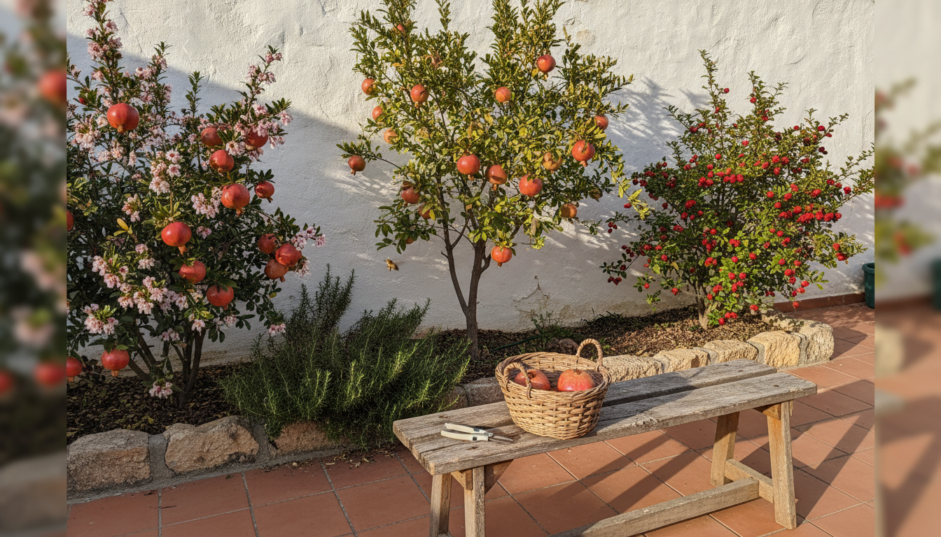 Patio mediterráneo pequeño con madroño, granado y romero combinando belleza y cosecha