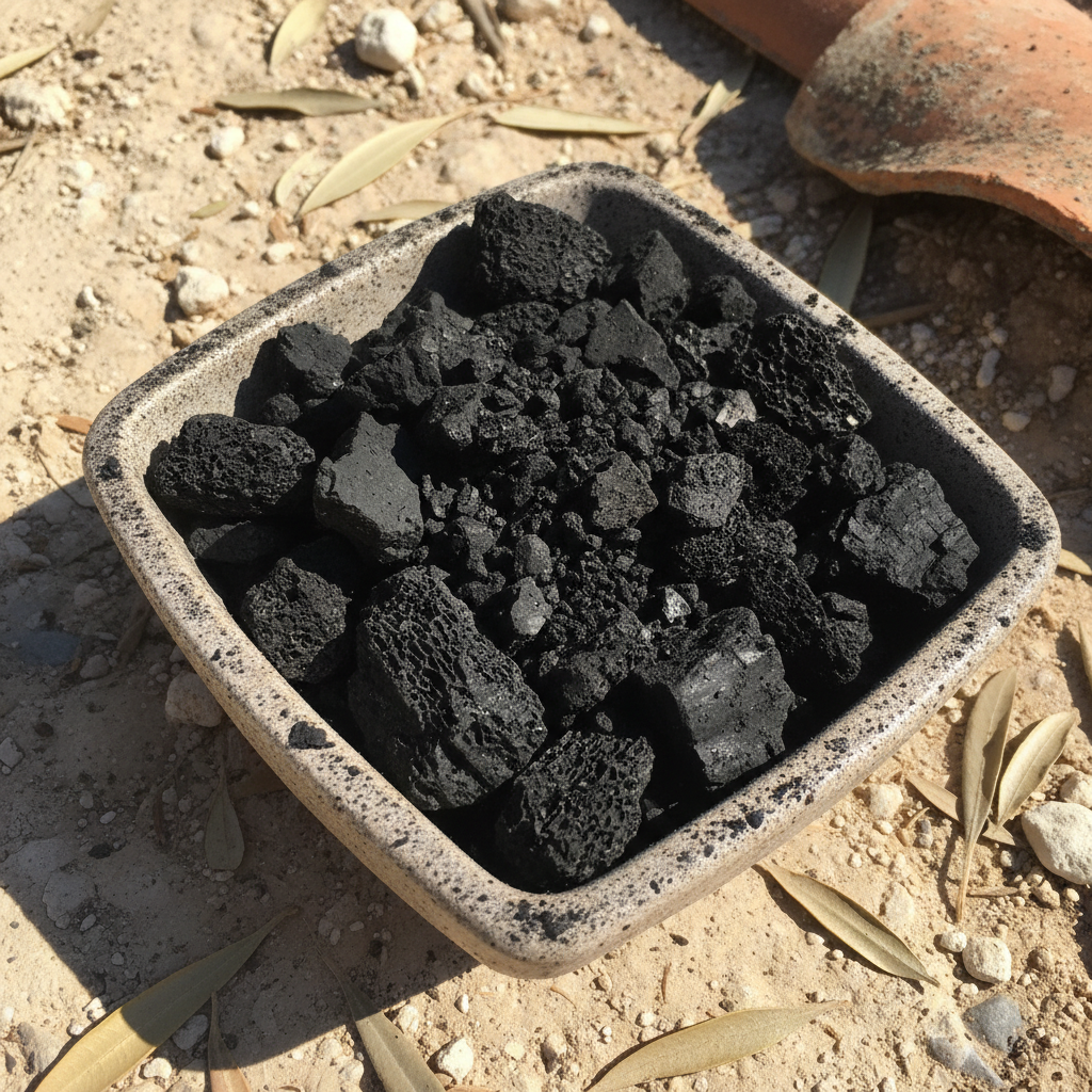 Primer plano de gránulos negros de biochar de poda de olivo en un cuenco de cerámica sobre suelo calizo.