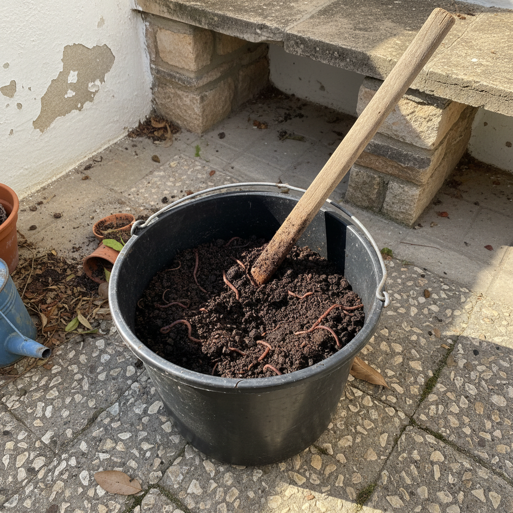 Cubo plástico con biochar y compost maduro mezclados a partes iguales, humedecidos para activación.