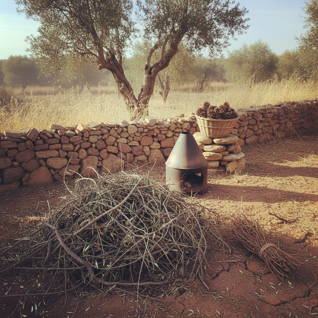 Pila de podas secas de olivo y sarmientos de viña junto a horno cónico tipo Kontiki en finca andaluza.