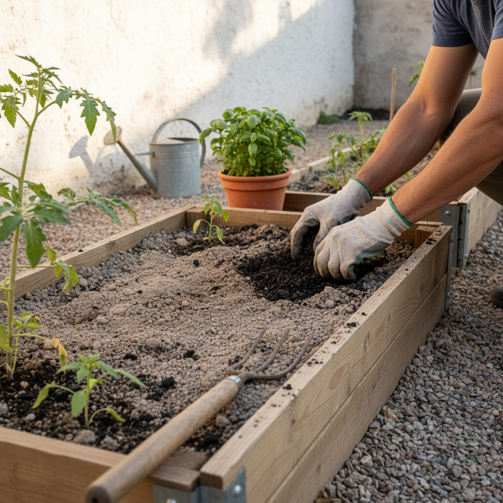 Manos con guantes incorporando biochar activado a la tierra de un bancal elevado de madera con plantones de tomate.