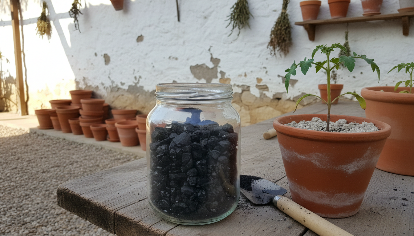 Tarro de cristal con gránulos negros de biochar junto a maceta de barro y tierra del huerto en patio mediterráneo.