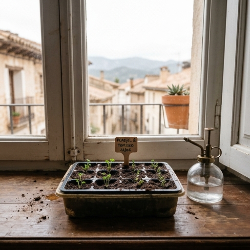 Semillero interior con bandejas de germinación y plántulas de hierbas aromáticas bajo luz de ventana.
