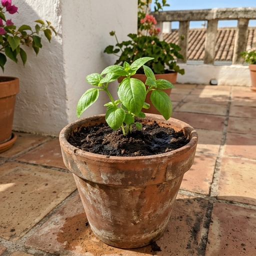 Planta de albahaca recién trasplantada en maceta de barro en terraza soleada, primavera.