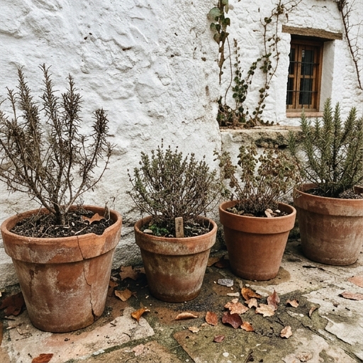 Macetas de aromáticas perennes en reposo invernal junto a muro encalado, hojas de tomillo marchitas.
