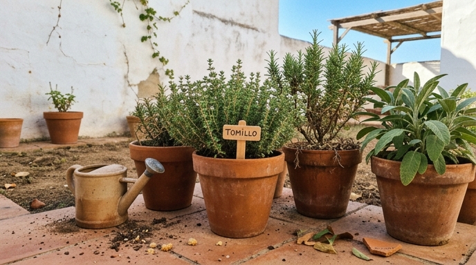 Bancal de hierbas aromáticas en macetas de barro con tomillo, romero y salvia en jardín español.