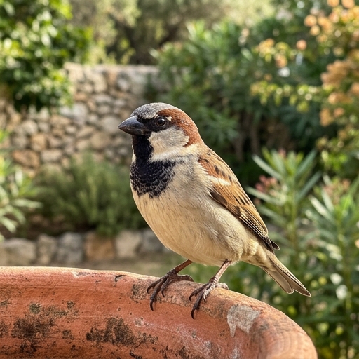Gorrión macho con babero negro grande posado en rama, mostrando marca de dominancia.