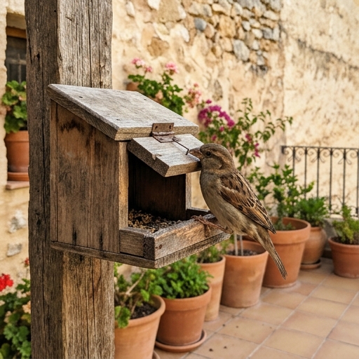 Gorrión joven explorando un comedero mecánico con pequeña palanca en jardín doméstico.