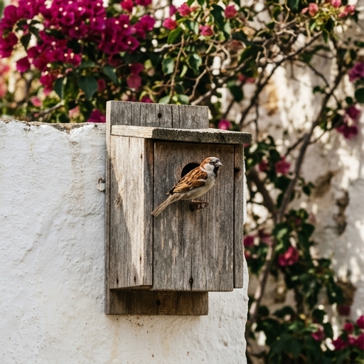 Caja nido de madera en fachada con gorrión en la entrada, jardín con buganvilla al fondo.