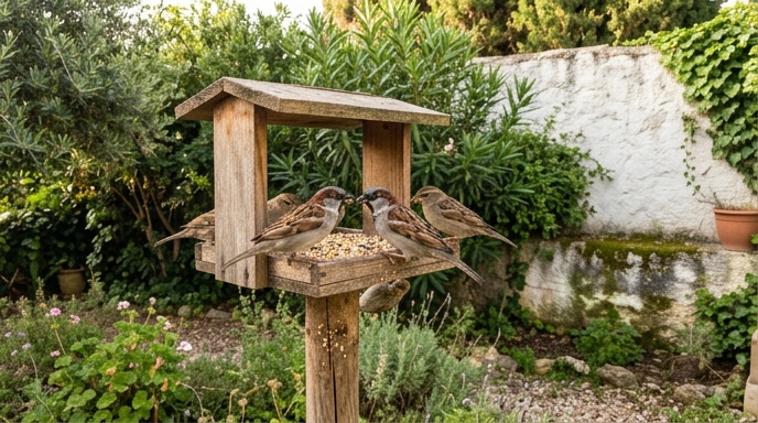 Grupo de gorriones comunes en un comedero de jardín urbano español con arbustos al fondo.