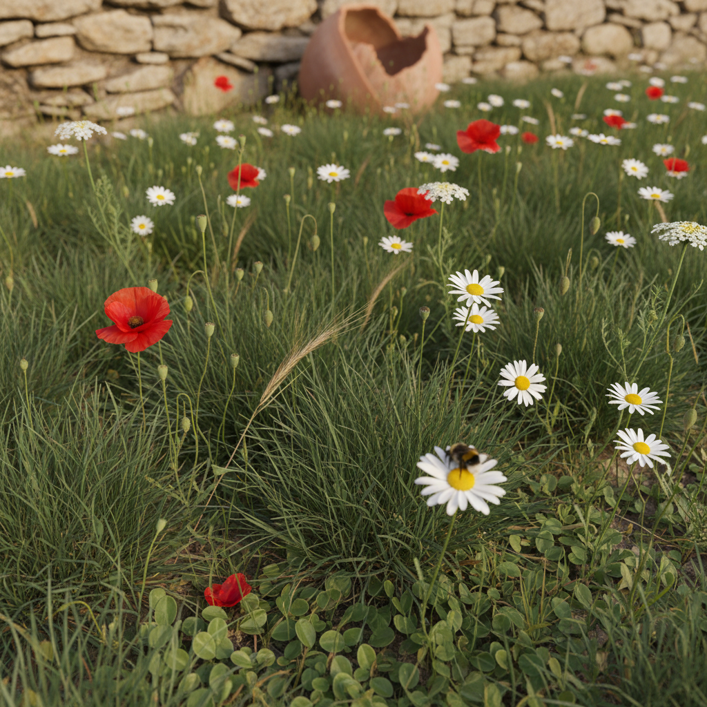 Mezcla de festuca, margaritas Anthemis y amapolas en una pradera mediterránea en flor