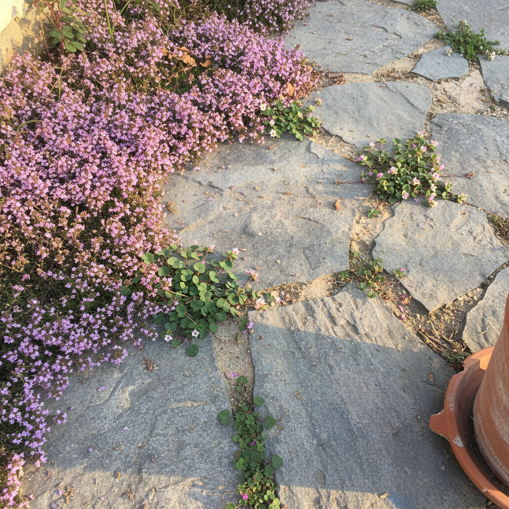 Tomillo serpol Thymus serpyllum en flor cubriendo el suelo entre losas de piedra de un patio español