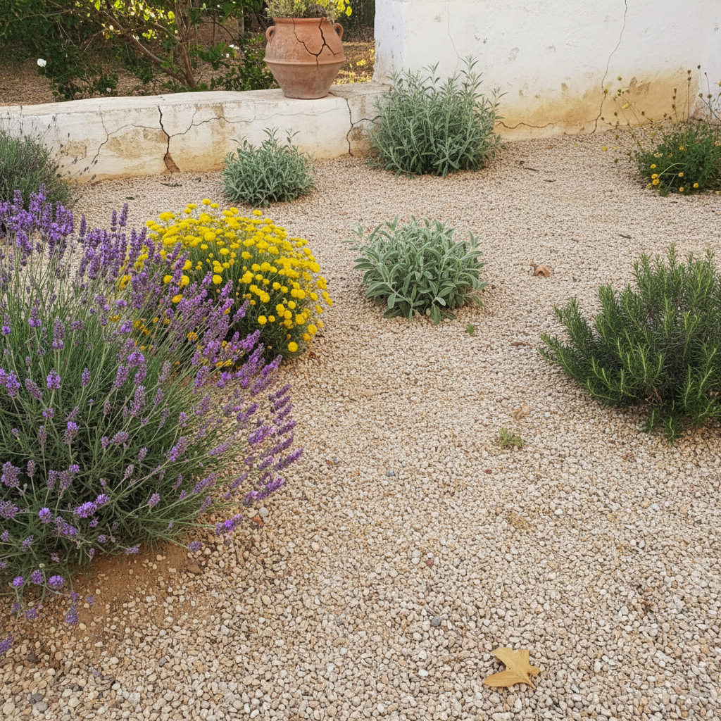 Jardín de grava mediterráneo con lavanda, salvia y santolina plantadas entre gravilla clara
