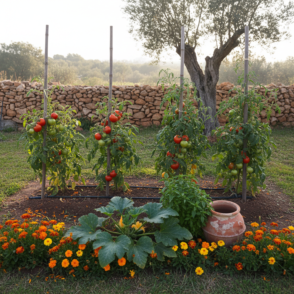 Bancal de huerto casero con tomateras, calabacín, albahaca y caléndulas donde antes había césped