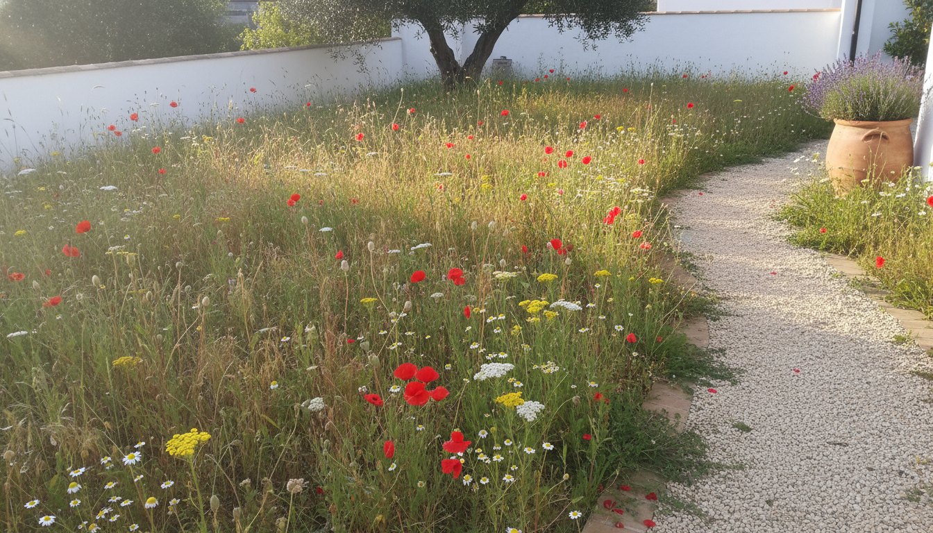 Pradera mediterránea con festuca, amapolas y margaritas en un jardín español a finales de primavera