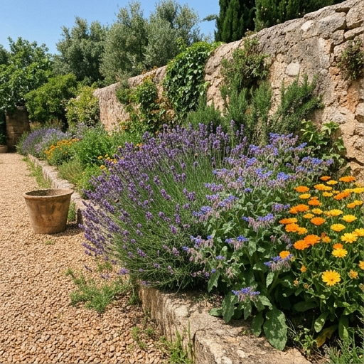 Manchas de lavanda, borraja azul y caléndula naranja en arriate de jardín español con sol.