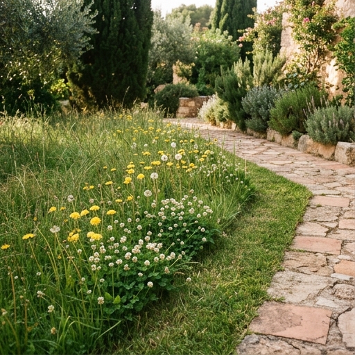 Rincón de jardín sin segar con dientes de león y trébol en flor, borde de camino español.