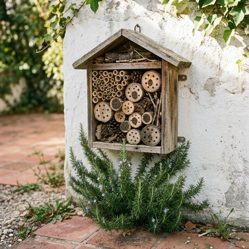 Hotel de insectos de cañas y madera colgado en jardín español, con aberturas selladas con barro.
