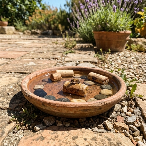 Plato de barro con agua y corchos sobre tierra, abeja posada, jardín español bajo sol de verano.