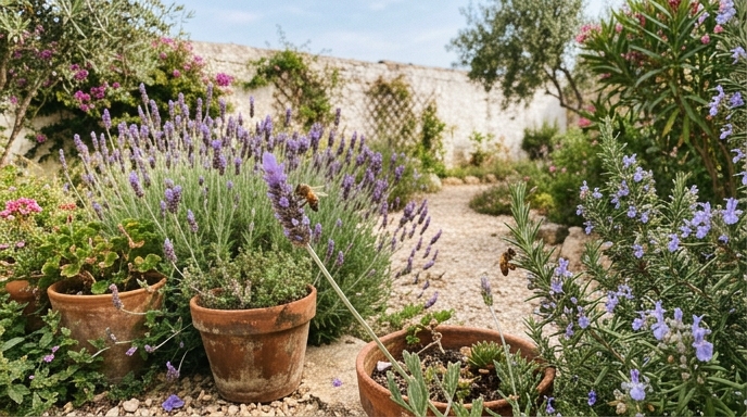 Abeja melífera sobre lavanda en flor junto a macetas de barro en jardín mediterráneo español.
