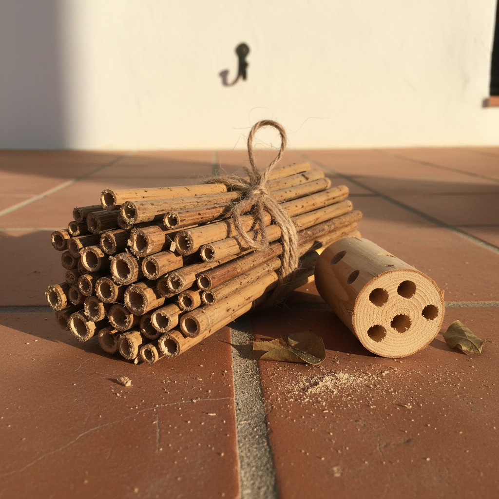Manojo de cañas huecas de bambú cortadas a unos 15 cm con diámetros variados, listas para un hotel de insectos, sobre una baldosa de barro.