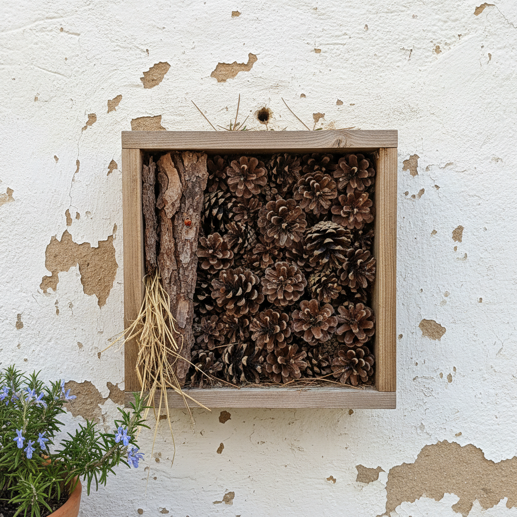 Compartimento del hotel de insectos relleno con piñas secas y corteza de pino apilada, donde hibernan mariquitas y crisopas.