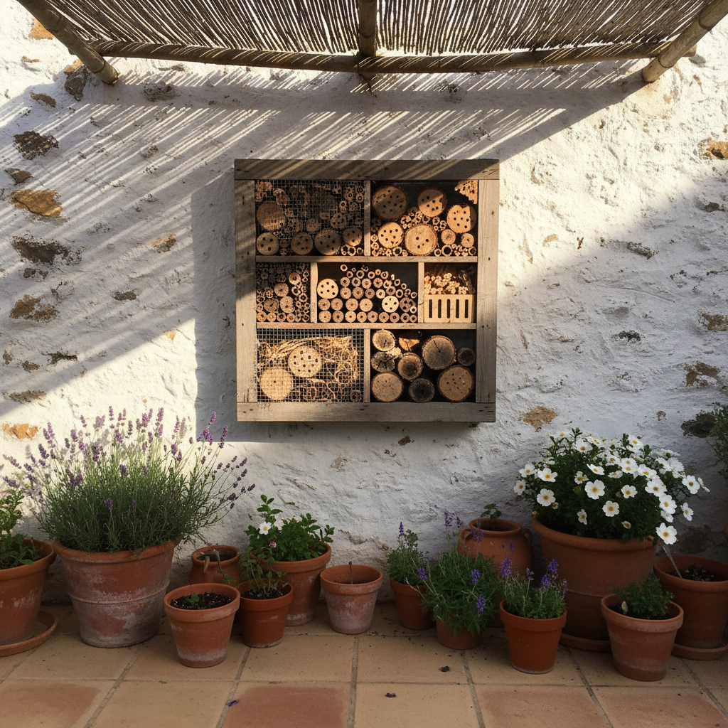 El hotel de insectos en sombra parcial bajo una pequeña pérgola de cañizo que lo protege del sol fuerte del mediodía mediterráneo.