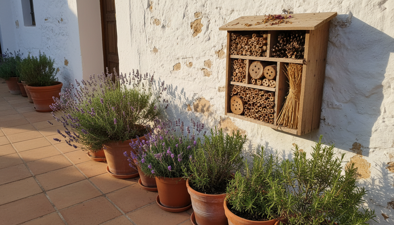 Hotel de insectos casero de madera reciclada apoyado en un muro encalado de un patio mediterráneo, con cañas, piñas y troncos perforados visibles.